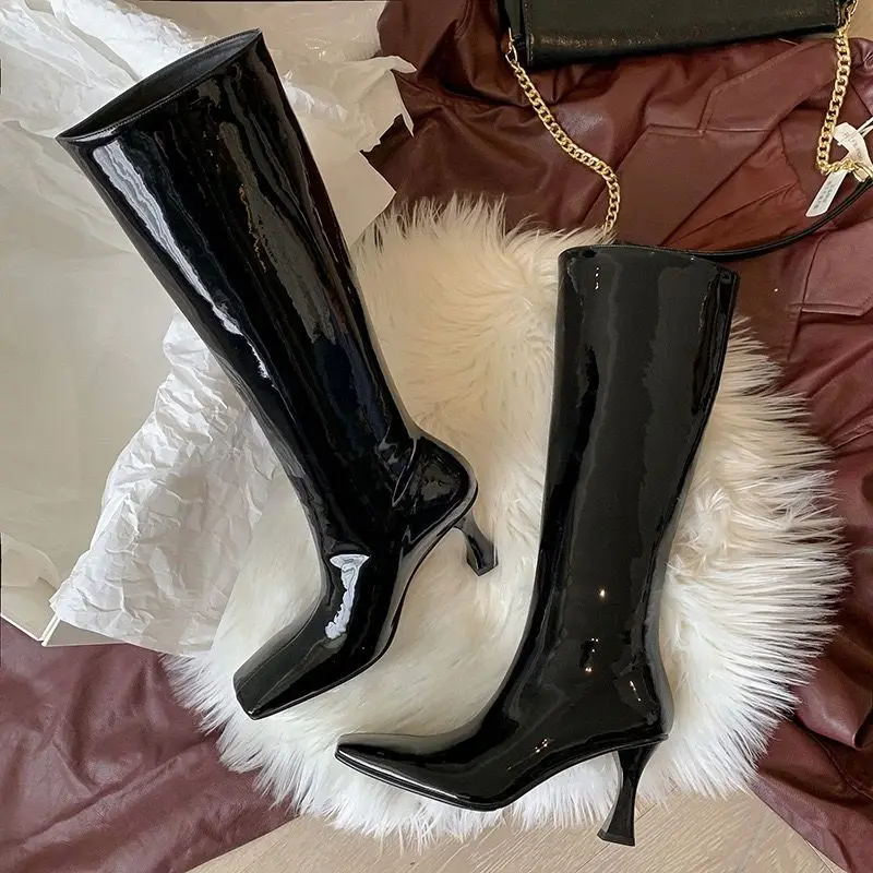 

Brand Designer Women Knee High Boots Strange High Heels Square Toe Claret Shiny Leather Fashion Long Knight Botas Femininas