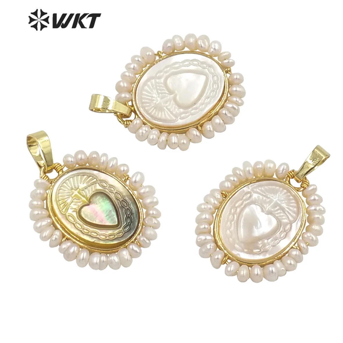 WT-JP254  WKT Newest WKT Handmade Freshwater Pearl Pendant Gold Bezel Shell Mary Heart Shaped Women Religious Charm