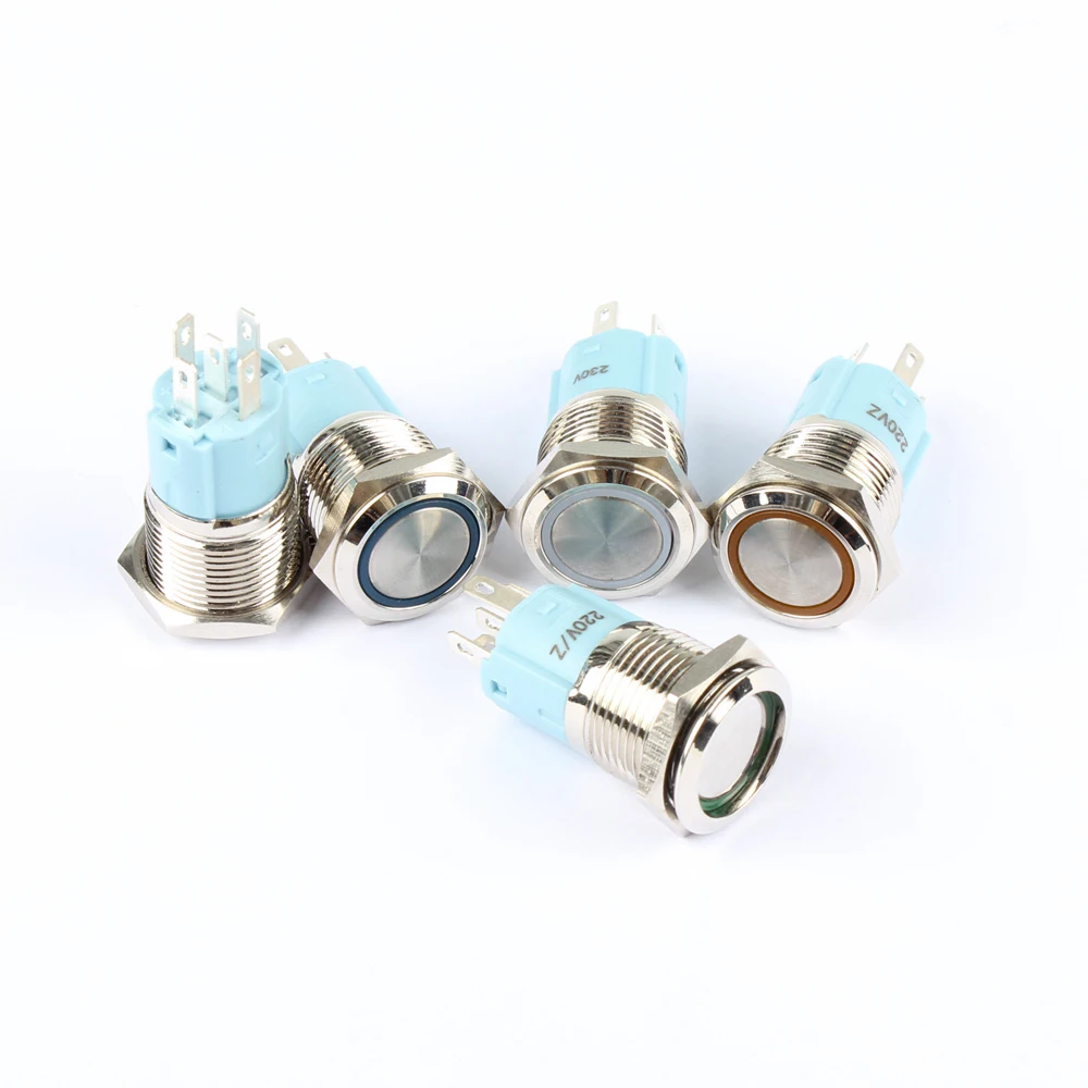 16mm metal push button switch 1 NO 1 NC Chrome plated brass switches with plug LED illuminate ring power mark latching 12V 3V 5V