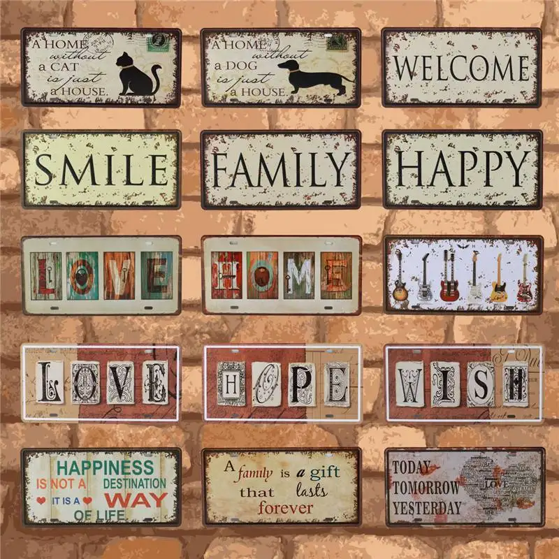 Text Signs Welcome Love Family Warm-Hearted Word Metal Plate Car License Tin Sign Wall Pin Up Tin Sign Retro Craft Iron Painting