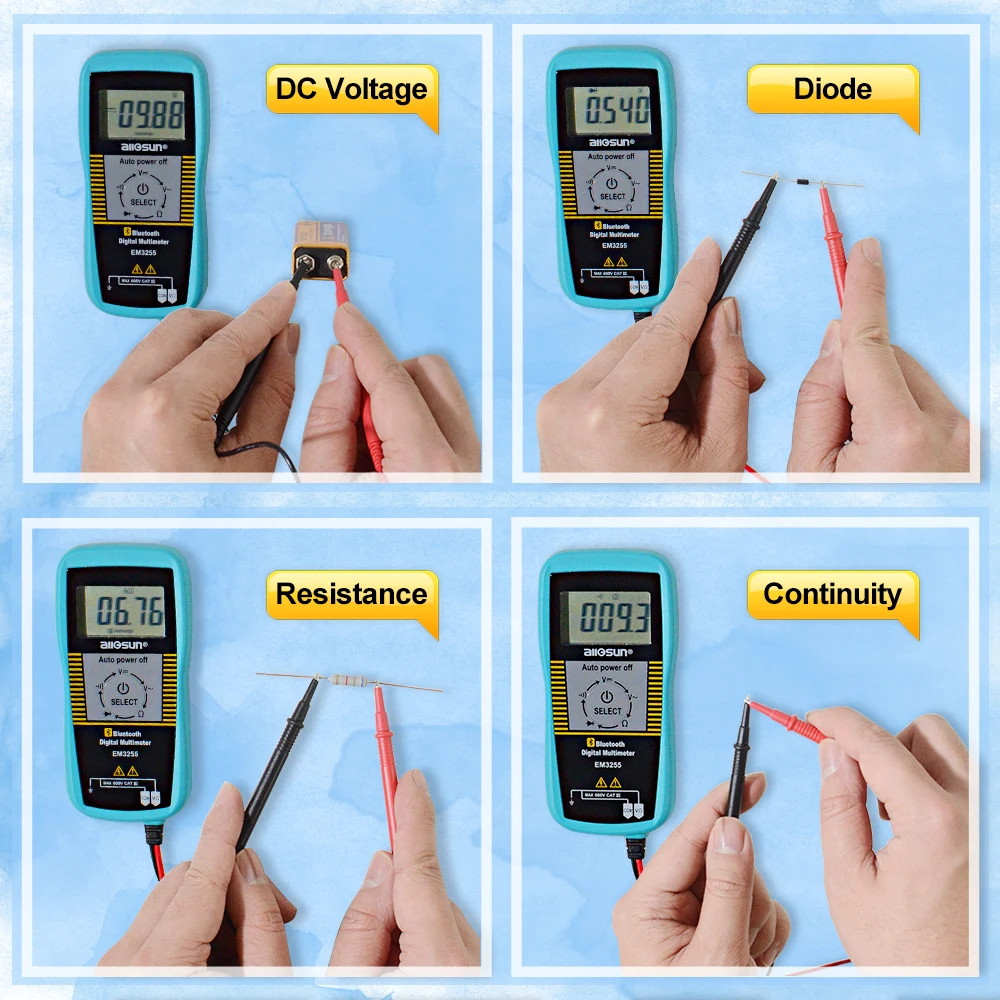 Kieszonkowy automatyczny multimetr cyfrowy kompatybilny z Bluetooth pomiar napięcia DC i AC, rezystancji, diody i ciągłości All-sun EM3255