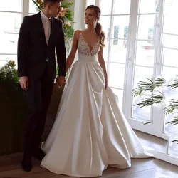 Smileven Elegant Satin Wedding Dresses Top Lace V Neck Bride Gown Backless Wedding Gown Vestido de novia 2021