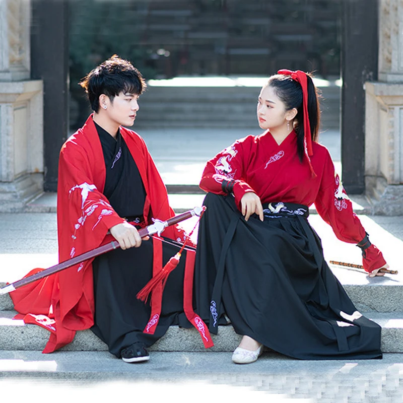 

Plus Size Hanfu Couple Ancient Costume Retro Crane Embroidery Cross Collar Male Martial Arts Style Kimono Men Fashion Vintage