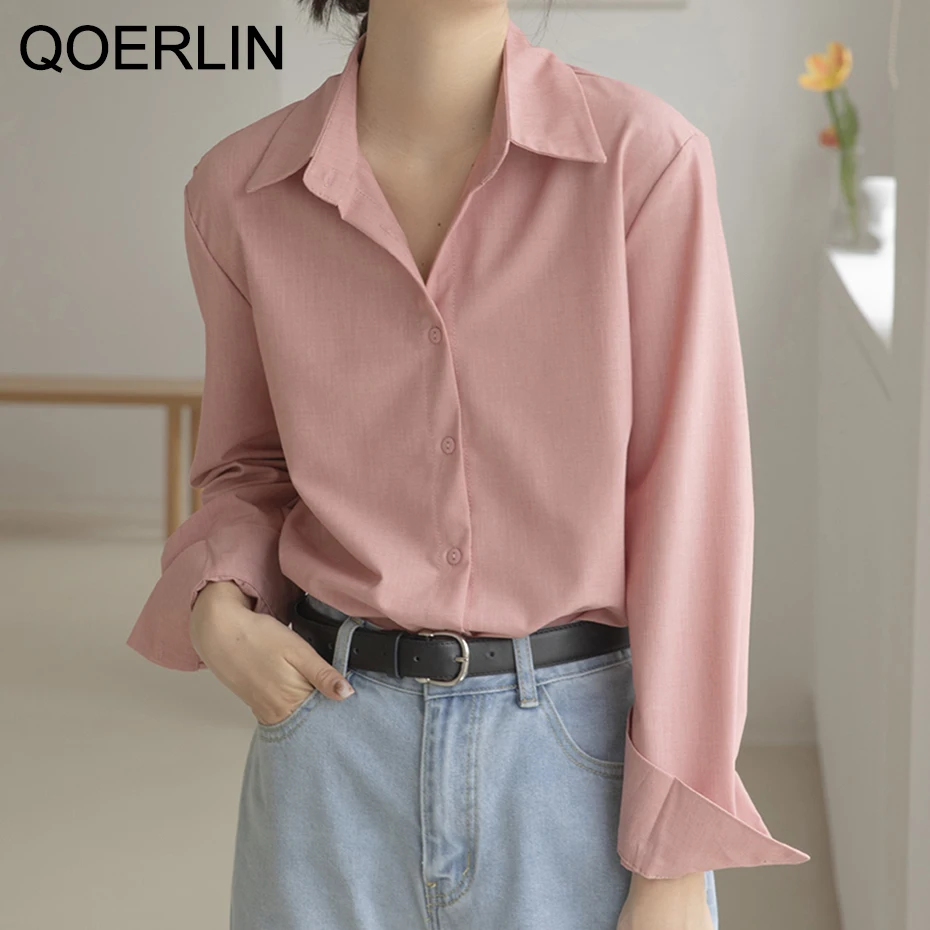 QOERLIN High Quality Office Style Elegant White Blouse Women Pink Shirt Turn-Down Collar Single-Breasted Long Sleeve Shirts S-XL