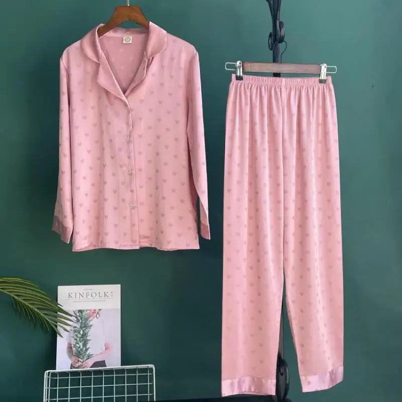 Conjunto de pijama de seda de imitación para mujer, ropa de dormir de satén, conjunto de camisa y pantalones de 2 piezas, Jacquard Love