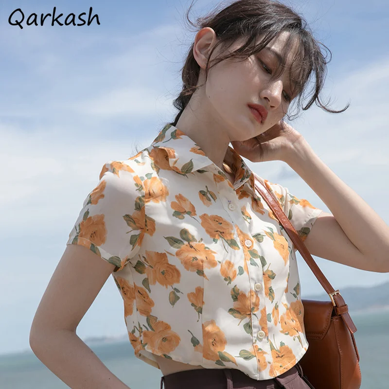 Short Sleeve Shirts Women Crop Top Floral Design Retro Simple Slim Fashion Femme All-match Tops Holiday Beach Casual Summer New