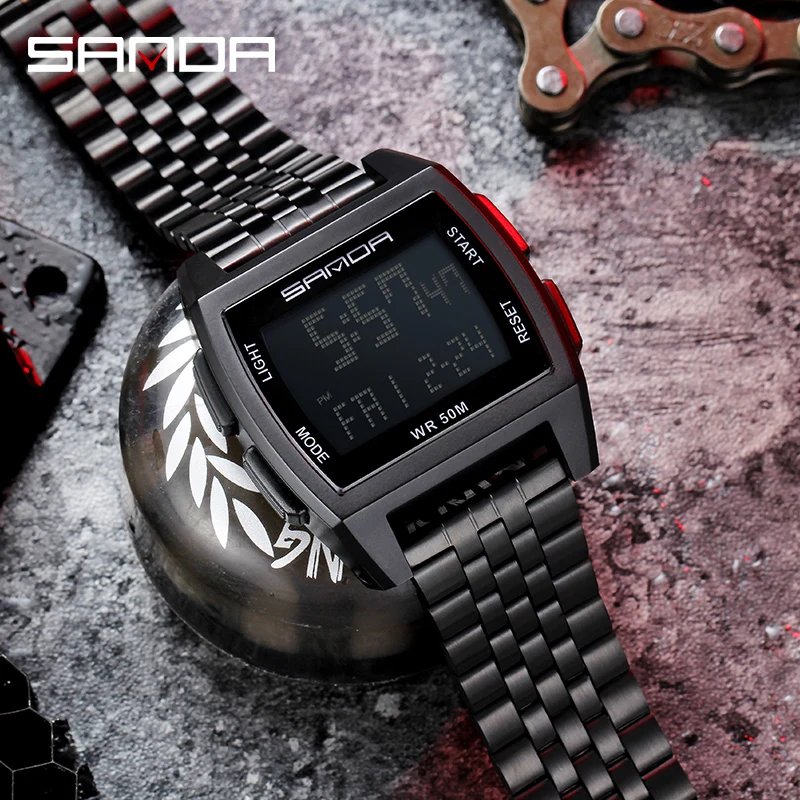 SANDA Fashion Electronic Watch Luxury Stainless Steel Band Digital Watches For Man Waterproof Stopwatch Led Light Alarm Clock