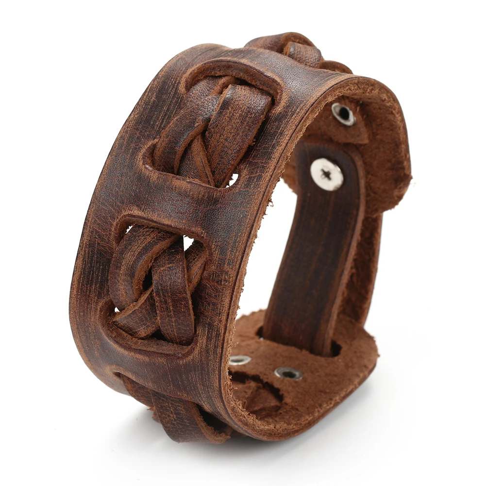 Vintage Handmade Weave Wide Leather Bracelet Charm Cuff Genuine Leather Bracelet Men Pulsera Hombre браслет на руку широкий