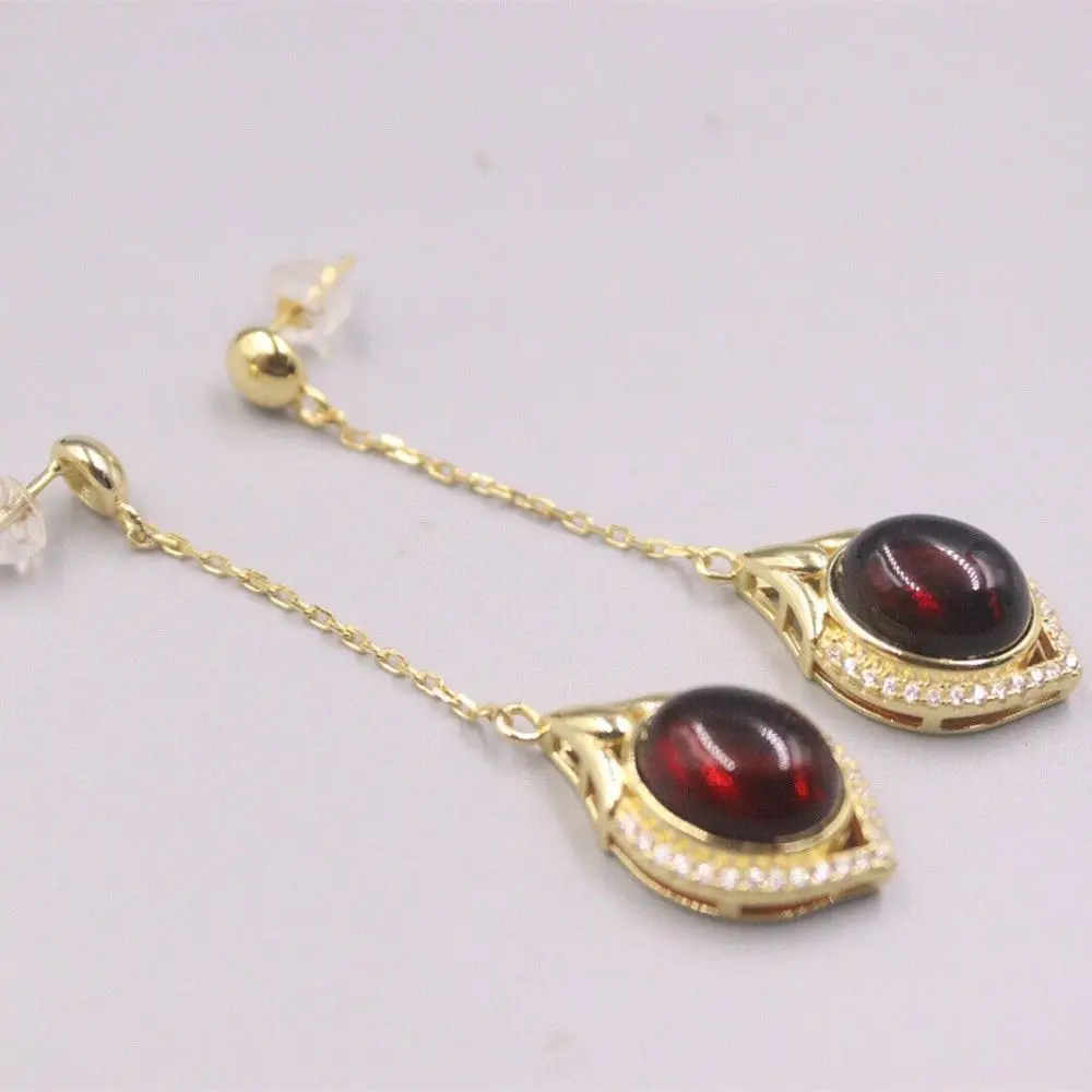 

Pure S925 Sterling Silver Stud Earrings/ Oval Garnet O Link Chain Dangle Earrings Lucky Gift Women