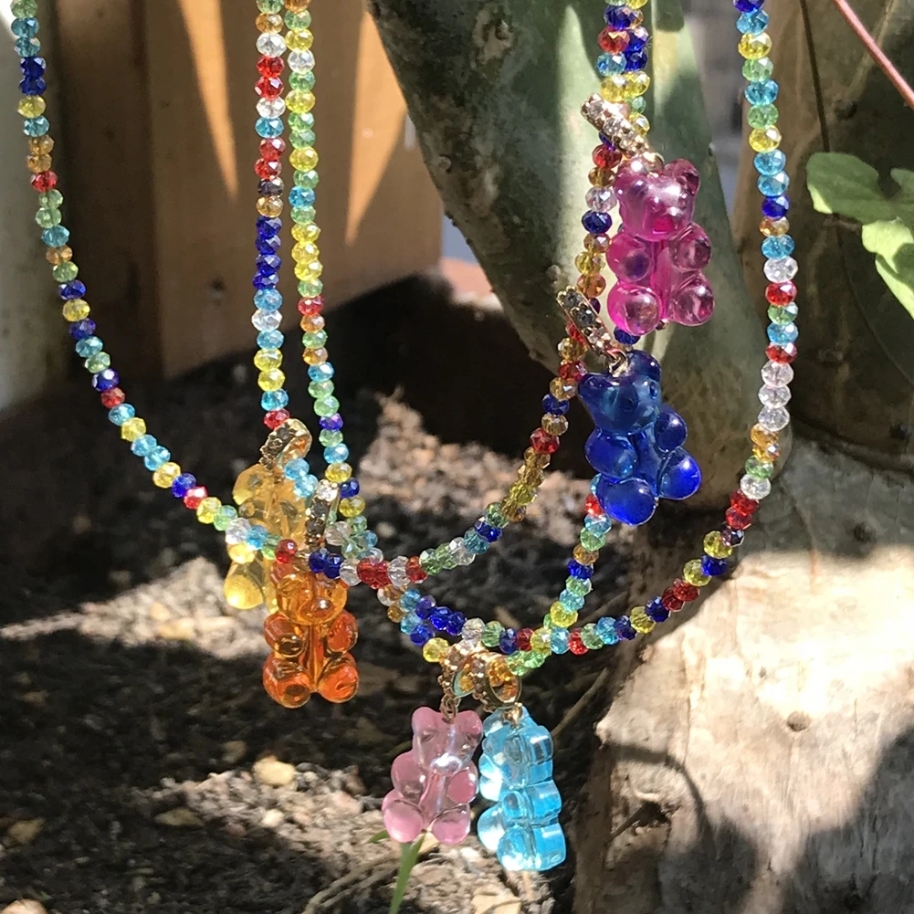 Boho Shiny Colorful Glass Beads Stone Beaded Necklace Resin Gummy Bear Zircon Pendant String Beads Choker Necklaces Women Jewely