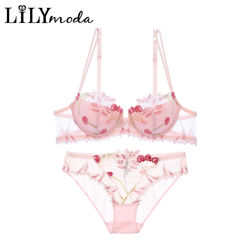 

LILIMODA Women Sexy Comfortable Paded Thin Cotton Bra Brassiere Sets Floral Lace Embroidery Underwire Lingerie Underwear PINK