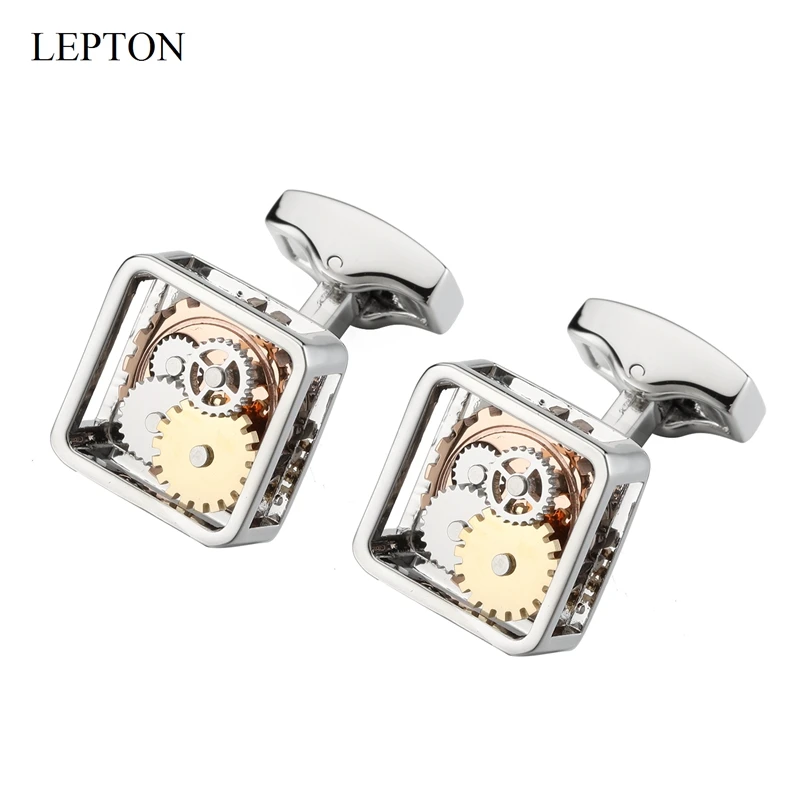 Lepton Silver Color Square Framed Steampunk Gear Watch Mechanism Cufflinks For men Business wedding cuff links Relojes gemelos