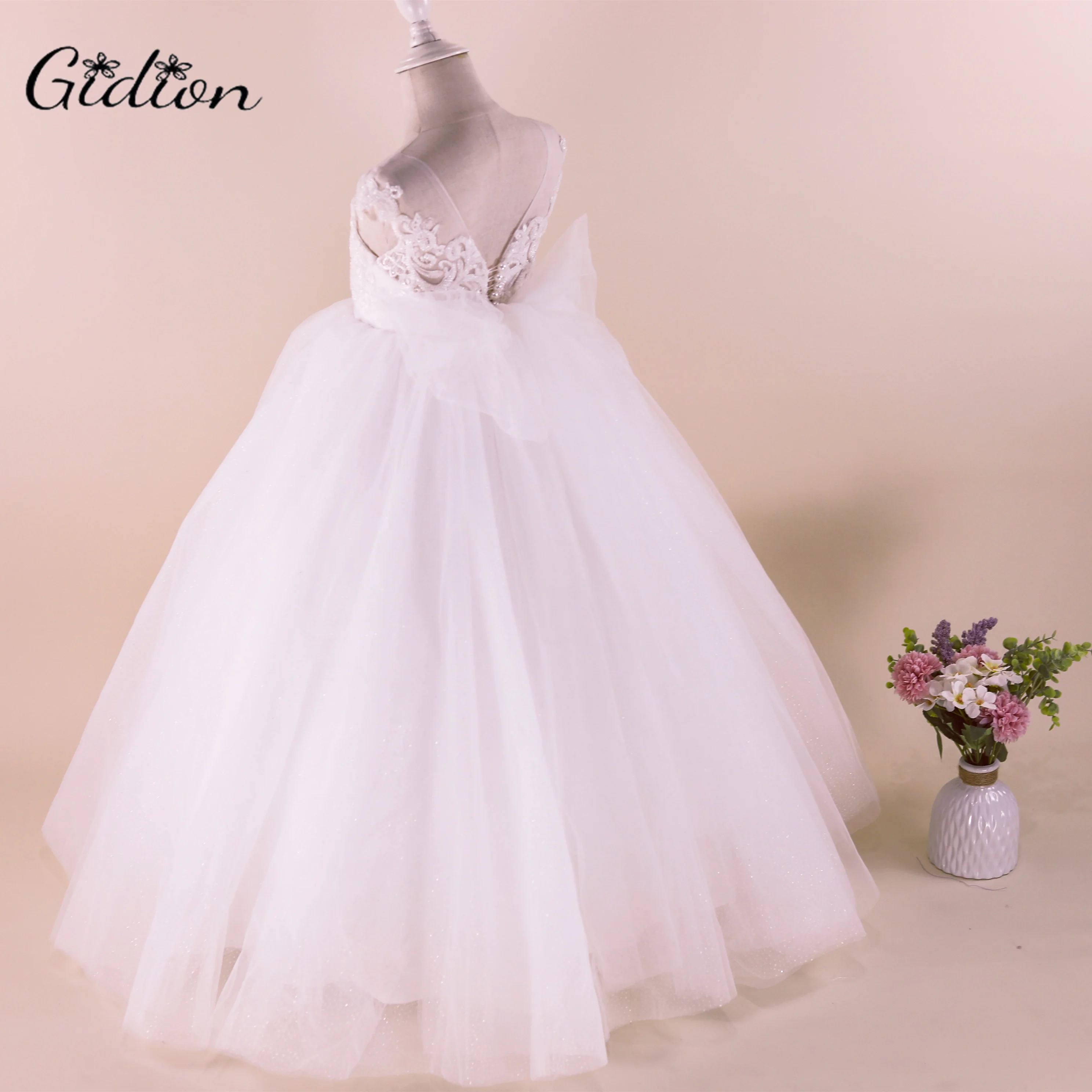 Elfenbein Brautjungfer Kleider Für Mädchen Kinder Hochzeit Abendkleid Spitze Bogen Blume Mädchen Geburtstag Party Kleid Kinder Prom Kleidung