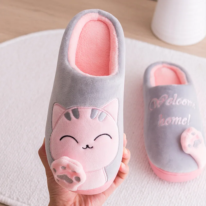 Women Winter Home Slippers Cute Cartoon Cat Non-slip Couples Warm Indoor House Floor Shoes Female Male Bedroom Plush Footwear