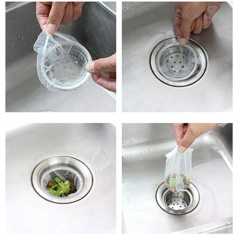 Filtro desechable para fregadero de cocina, colador de malla para almacenamiento de basura, bolsa de malla para baño, recogedor de pelo, 30/100 Uds.