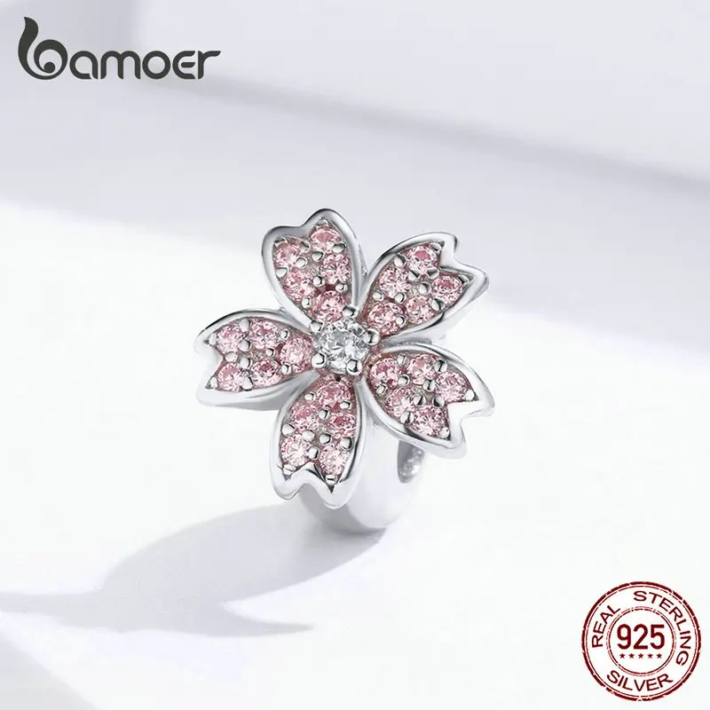 bamoer Pink Cherry blossom Flower Charm Stopper for Women 925 Sterling Silver Charms Bracelet & Bangle European Jewelry SCC1291