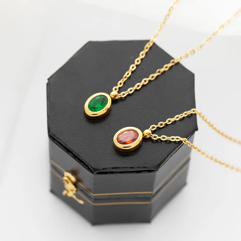 Delicate Stainless Steel Clavicle Chain Collar Geometric Red Green Black Cubic Zirconia Oval Pendant Necklaces for Women Gift