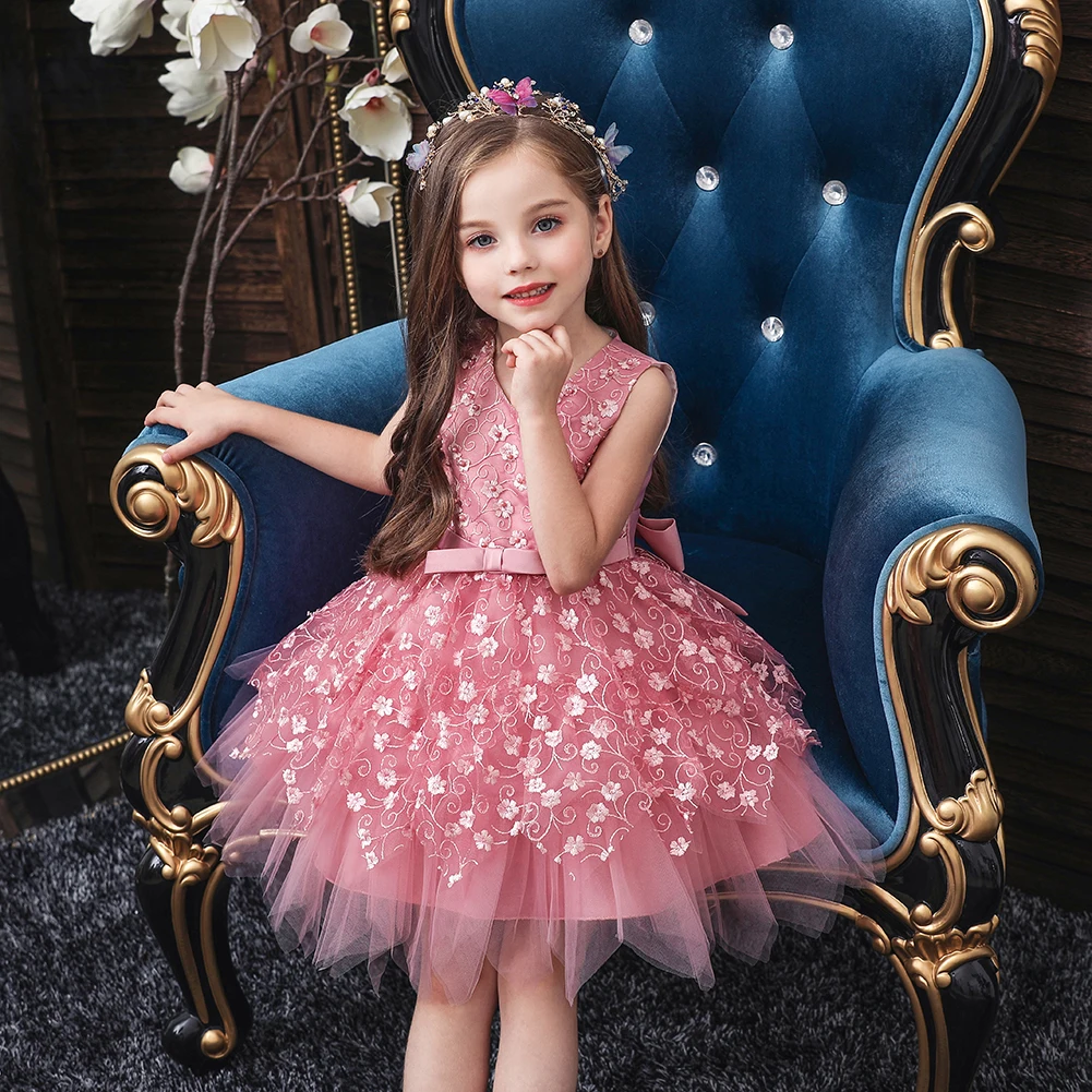 Summer Pink Pearl Baby Girls Princess Party Dress High-Grade Wedding Flower Clothing Kid Tutu Customer for 1 Years Old