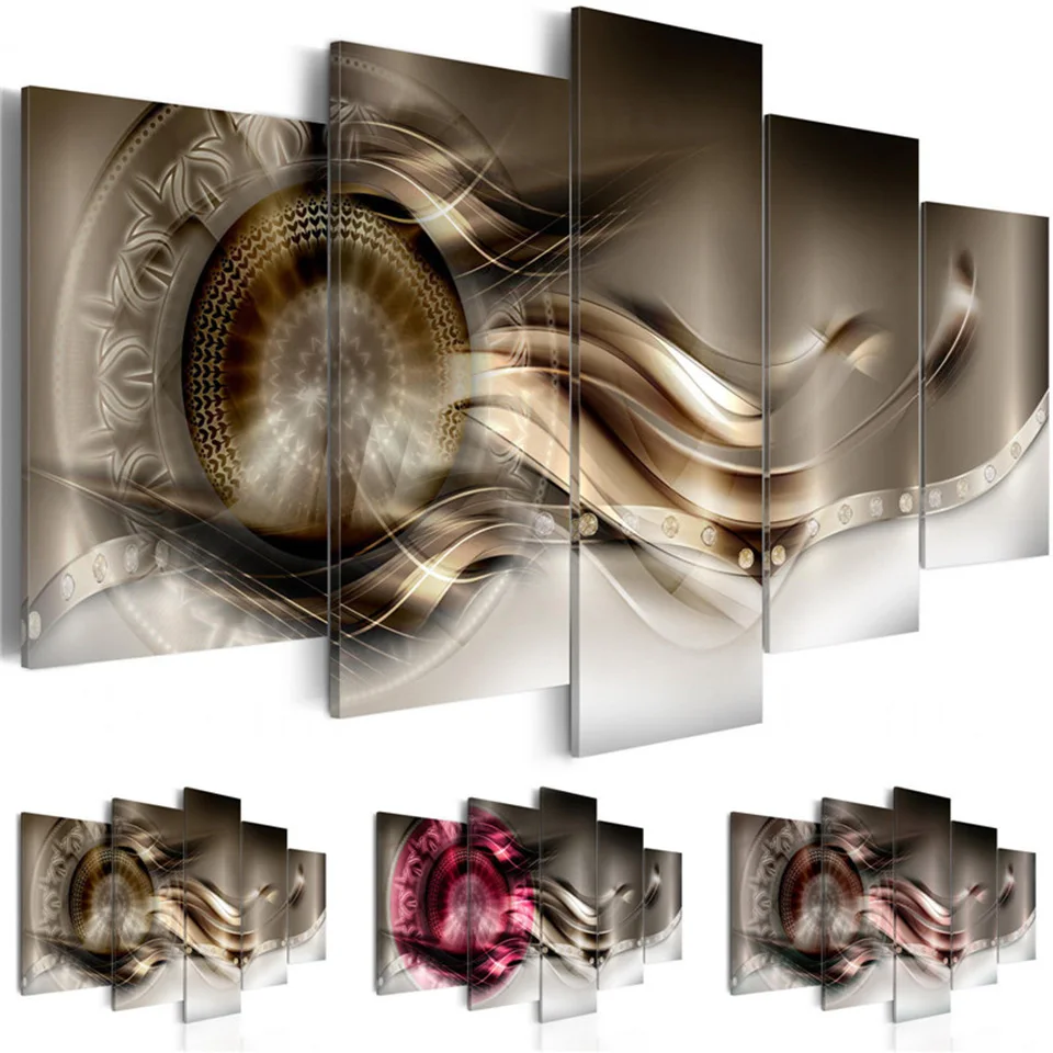 

5 Pcs Gold Round Shiny Flower Posters Abstract Hd Canvas Painting Prints Minimalist Wall Art Modular Pictures Home Decor Frame