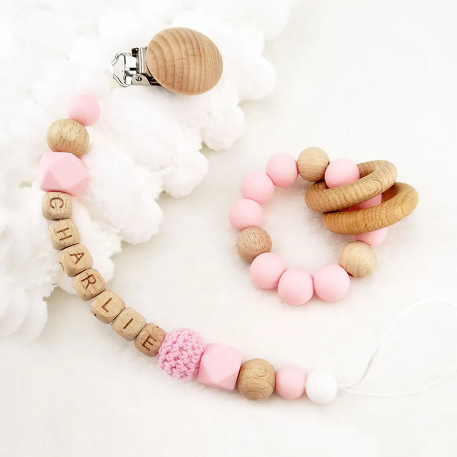 2pices/Set Handmade Personalized Name Pacifier Clips Baby Silicone Teether Wooden Dummy Chain Teat Cord Nipple Attachment Holder