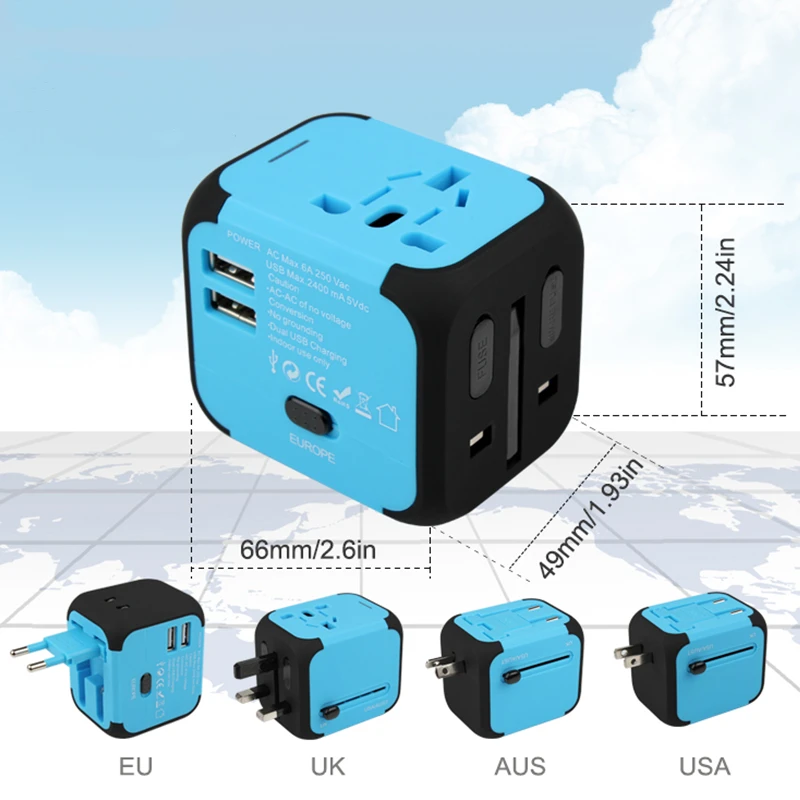 Electric Plug Power Socket Adapter International Travel Universal Charger Converter EU UK US AU with 2 USB Charging 2.4A LED