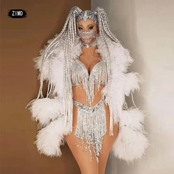 Nightclub Prom Silver Sequin Tassel underwear coat Womens Sexy Stretch Fringes Party gogo Singer Dance Stage drag queen costumes