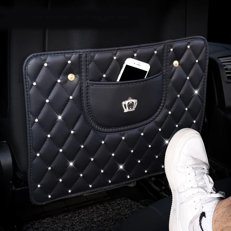 Rhinestones Leather Car Seat Back Cover Protector Crystal Auto Anti-kick Pad Wear-proof Mat Anti-Dirty Mat For Children