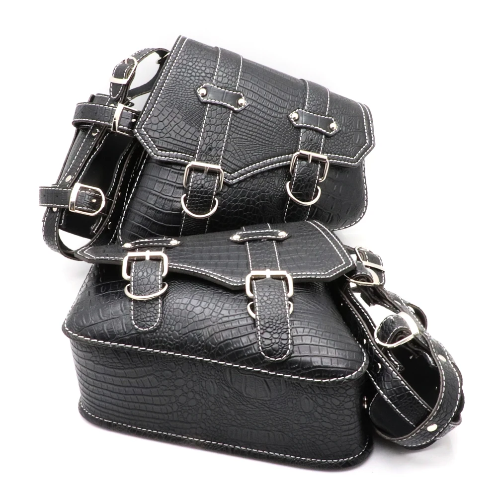 Universal Motorcycle Left/Right Side Storage Tool Saddle Pouch Black Luggage Bags Saddlebags Crocodile Pattern Metal Buckle