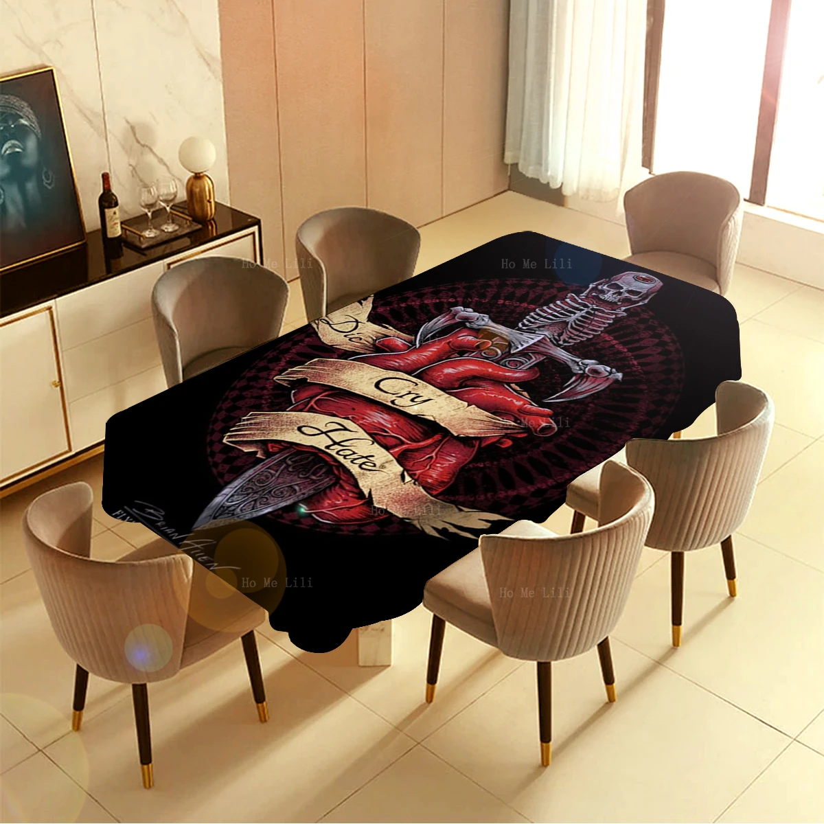 Dark Design Love Is True Skull Roses Fire Heart Dagger Evil Skeleton Waterproof Tablecloth By Ho Me Lili Home Decoration