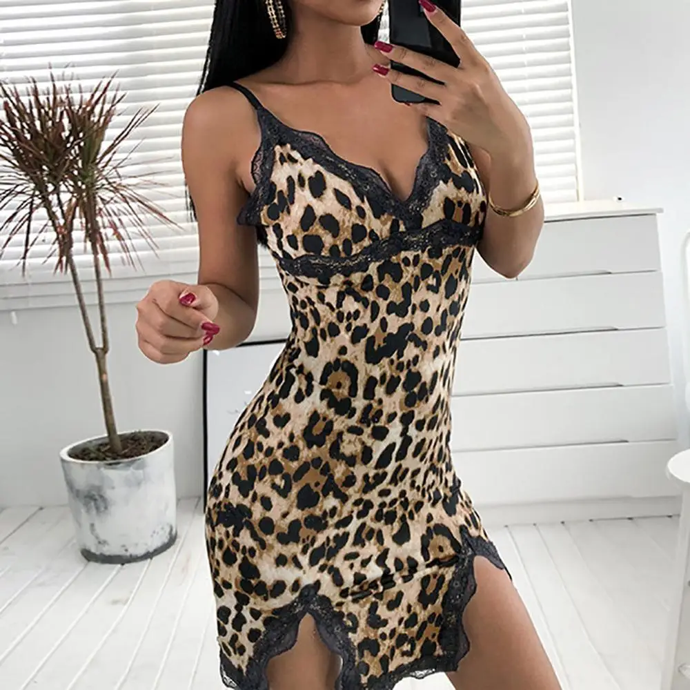 Lace Leopard Appeal Lingerie Dress Women's Sexy Nightclub Style Fashion Lace Sling V-neck Leopard Sling Sex vestaglia Sleepwear