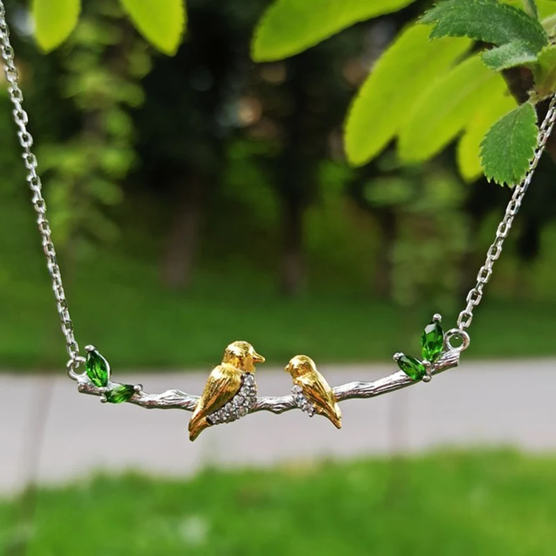 GEM'S BALLET 925 Sterling Silver Natural Chrome Diopside Gemstone Women's Animals Necklace Mama's Wing Mother Baby Bird Pendant