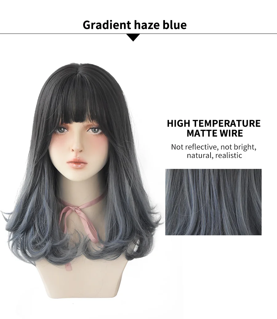 7JHH WIGS Medium Length Omber Blue Gray Wigs With Fluffy Bangs Synthetic Straight Colourful Hair Wig For Women Beginner Friendly