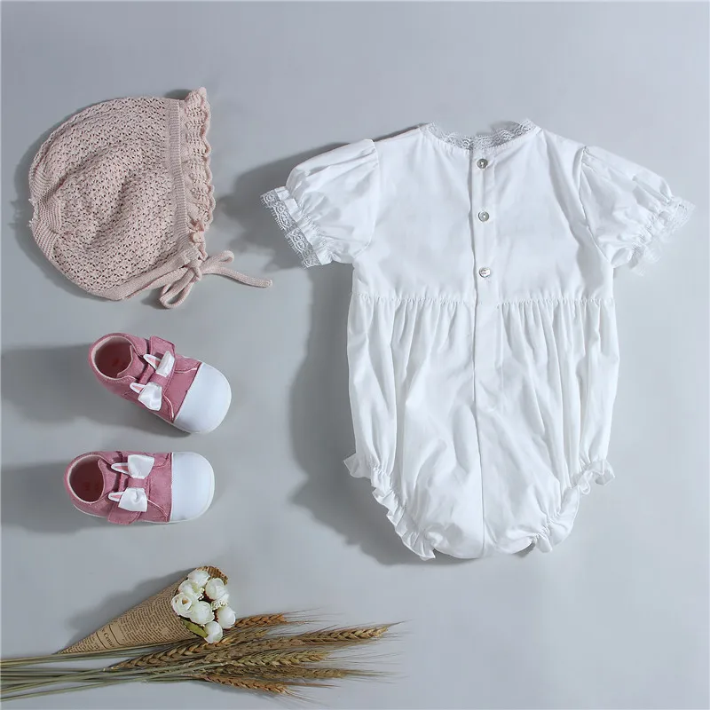 Boutique Romper Branco Do Bebê Menina, Feita À Mão, Flor Bordada, Macacão De Algodão, Macacão De Batismo Recém-nascido, Batizado Roupas Espanholas