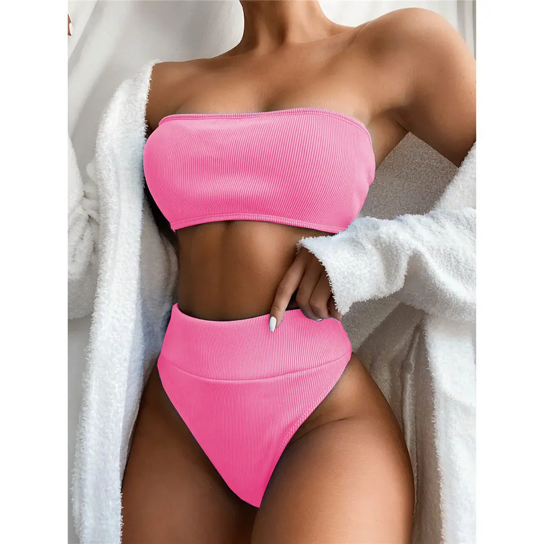 

New 2024 Sexy Bandeau High Waist Bikini Female Swimsuit Women Swimwear Two-pieces Bikini set Strapless Bather Bathing Suit Lady