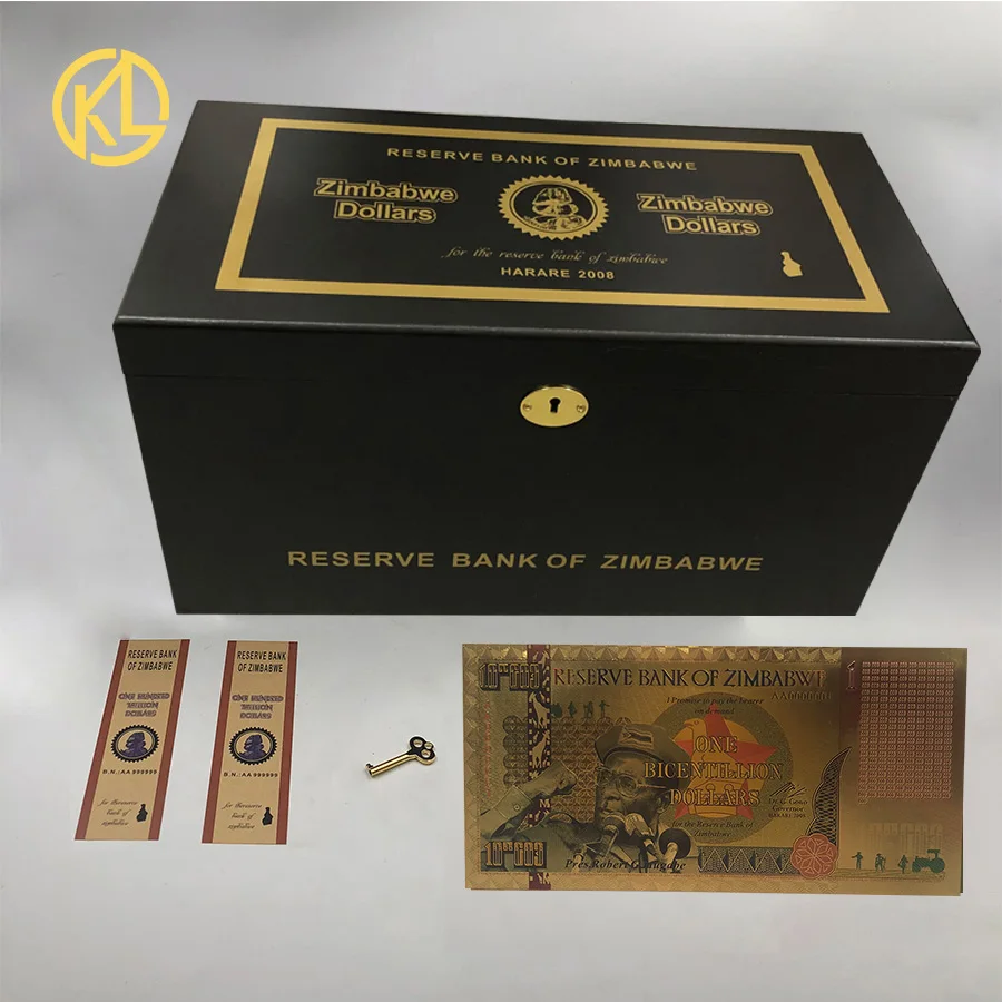 

Zimbabwe Dollars One Bicentillion Gold Banknote With Black Common Wooden Box For Nice Gift