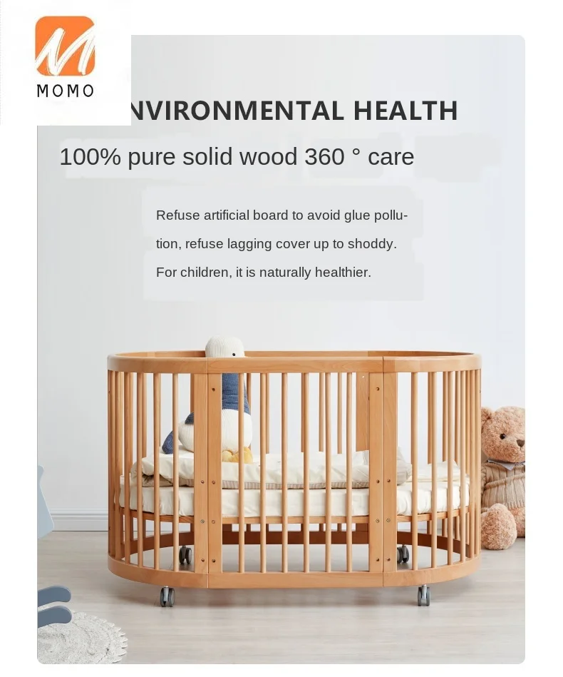 Wooden Bed Modern Simple Beech Fence Edge Protection Baby Bed Nordic Bedroom Adjustable Crib