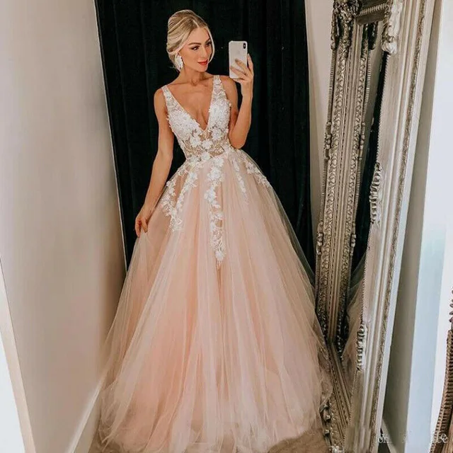 

Deep V-Neck Long Evening Dresses Abiti Da Cerimonia See-Through Corset Applique Formal Wedding Prom Dress Robe De Soiree 2021