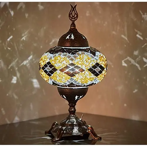 (15 Colors) Battery Operated Mosaic Table Lamp with Built-in LED Bulb, english Moroccan Handmade Mosaic Table Desk Bedside Mood