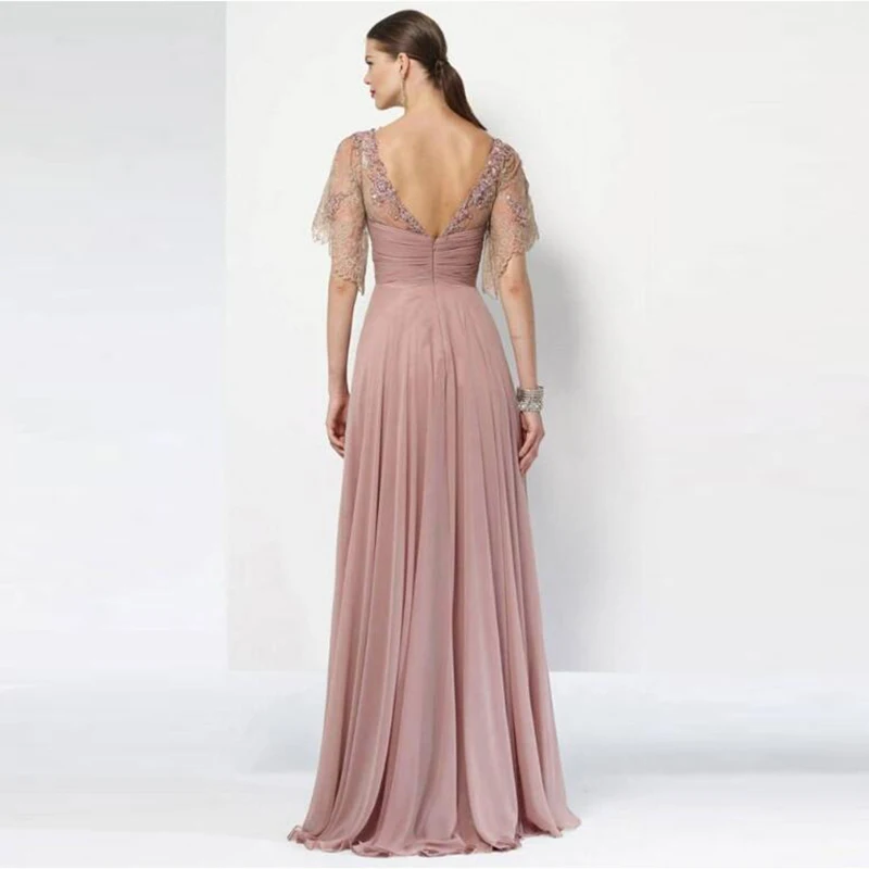 Charming Latest Blush Pink Chiffon Mother of the Bride Dresses Lace Jewel Neckline Short Sleeve Wedding Party Gowns Back Out