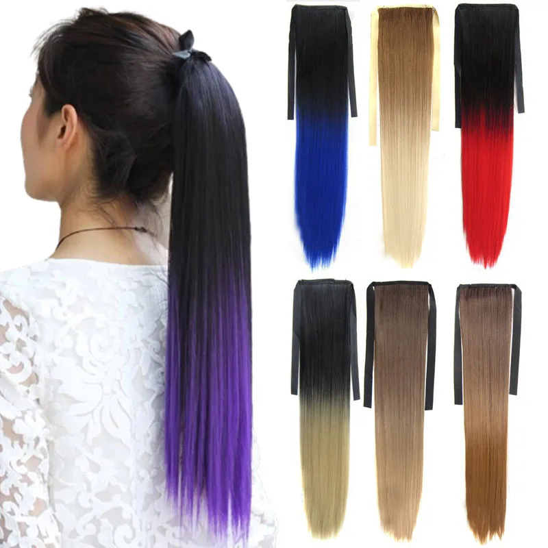 Jeedou Ombre colore sintetico coda di cavallo estensione capelli lunghi dritti coda di cavallo blu rosa graduale Womean falsi capelli