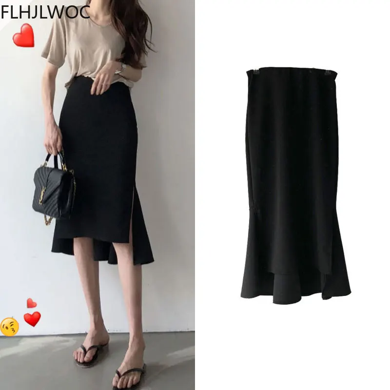 Hot Verkoop Nieuwe Ontwerp Chic Korea Fashion Vrouwen Office Lady Solid Black Iregular Hoge Taille Tuniek Lange Split Slit Potlood rokken