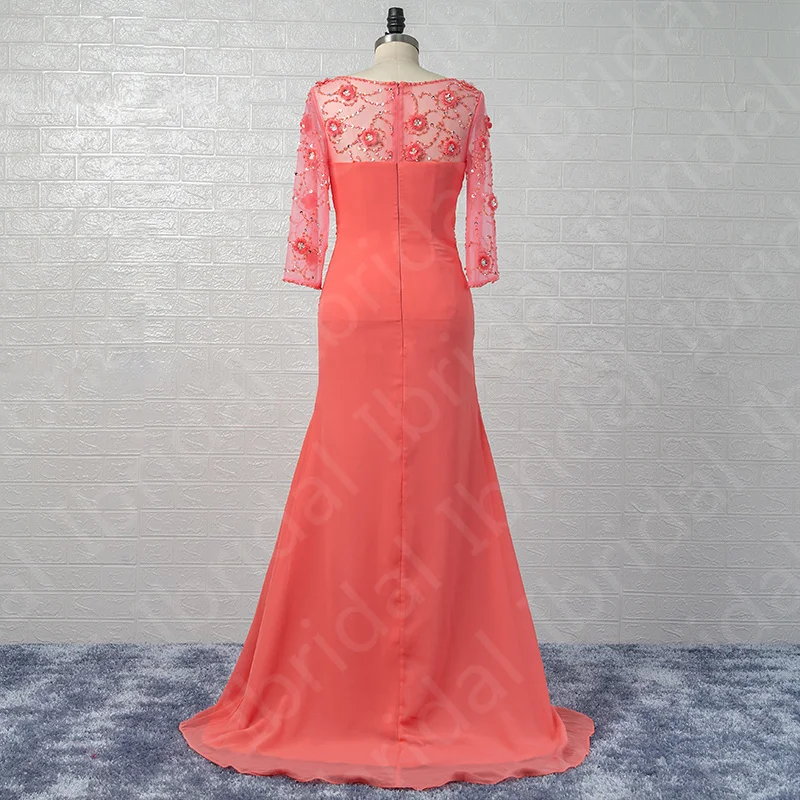 Charming Real Sample 2022 Coral Mother of the Bride Dresses V Neckline with 3/4 Sleeves Beaded Wedding Party Gowns Pleating