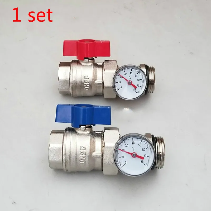 

Floor heating water separator brass ball valve with thermometer red and blue butterfly aluminum handle 1set