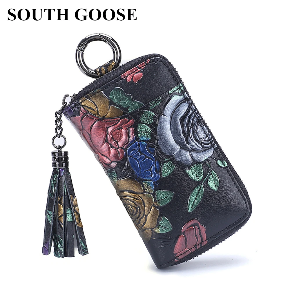 

SOUTH GOOSE Women Leather Key Wallet Fashion Rose Embossed Key Organizer Card Holder Coin Purse Large Capacity Keychain Cover