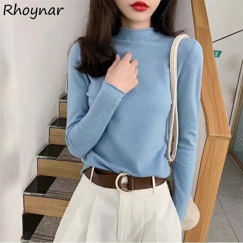 

Pullovers Women Solid Mock Neck 18 Colors Inside Spring Fall Elegant Lady Office Knitted Casual All-match Teens Straight Vintage