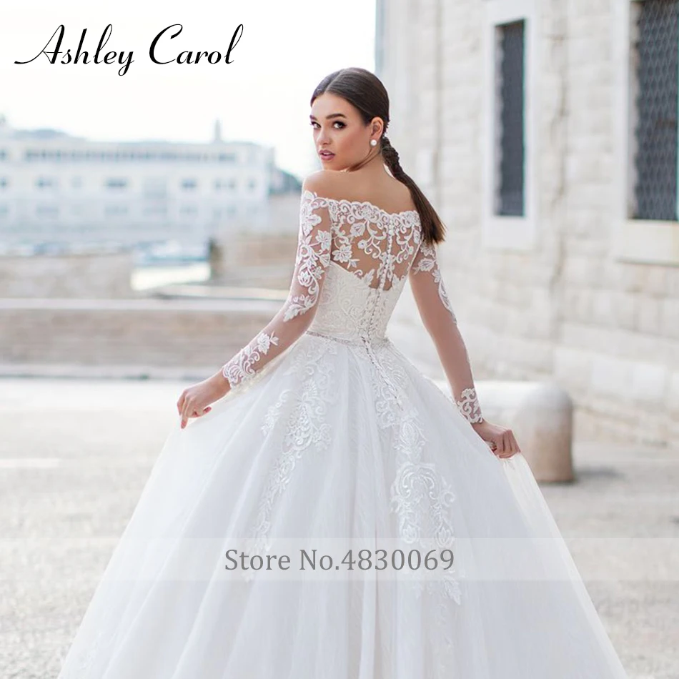 وصول أشلي كارول الجديد مع سترة طويلة الأكمام مع حزام كريستال يزين ثوب الزفاف Vestidos De Novia