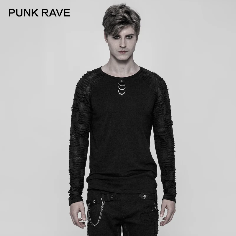 

PUNK RAVE New Black Punk Men Long Sleeve T-Shirt Gothic Fashion Casual Daily Cotton Dark Cool Man Tees Slim-Fitting Tops