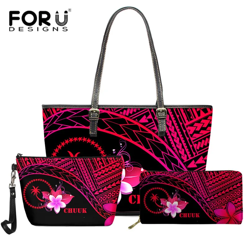 

Polynesian Chuuk Tribal Tote Bags for Women Hawaiian Plumeria Printed Top-handle Bags Casual Shoulder Purse Lady Beach Bag Set