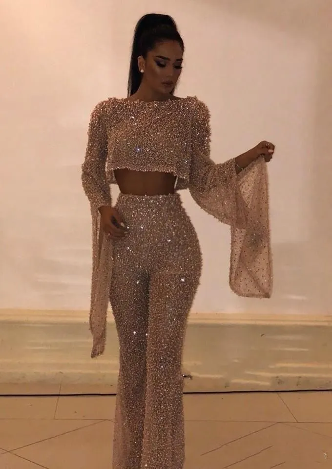 Hot Sell Sequin Two Pieces Prom Dresses Sheath Long Sleeves Plus Size Formal Dresses Party Evening Gowns Custom Made Pants Suit