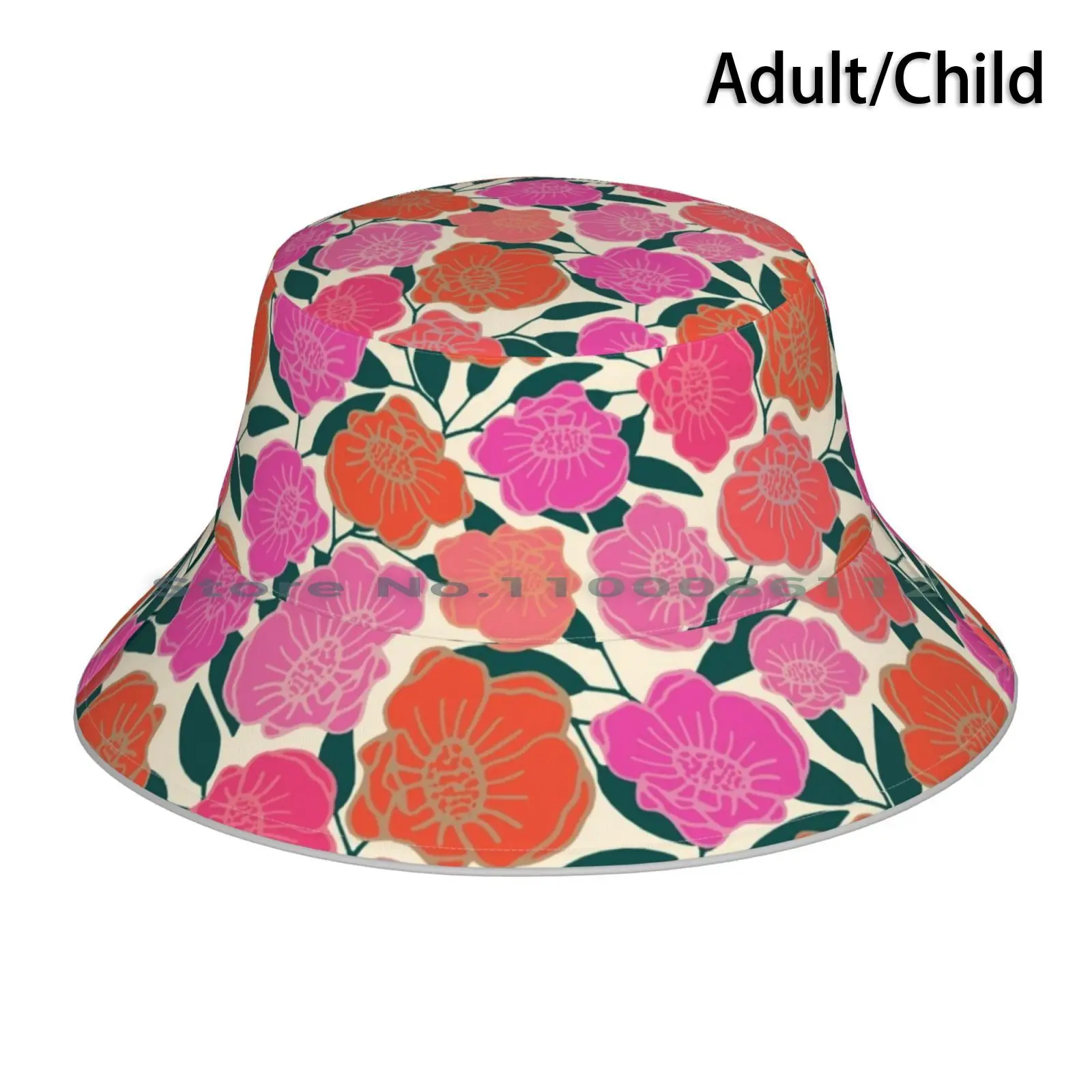 Bold Poppies In Hot Pink , Corals And Burnt Orange Bucket Hat Sun Cap Poppies Poppy Floral Botanical Leaves Flowers Leaf Pink